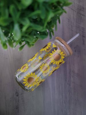 Cow glass tumbler with bamboo lid, straw and sunflower straw topper