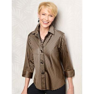 Women's Plus Foxcroft Wrinkle-Free Sateen Bias Stripe 3/4 Sleeve