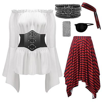 HanaHola 5 pcs Women Pirate Costume Cosplay Renaissance Blouse Tops Corset  Waist Belt Pirate Skirt Stripes Headscarf Eye Patch Outfit (White, Large) -  Yahoo Shopping