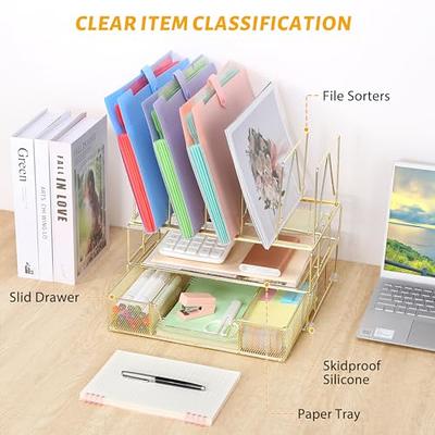 VIVSOL Rose Gold Desk Organizer, Desk Organizers and Office Desk  Accessories with Drawer + Vertical File Sorters, Office Supplies for Women,  Desk File