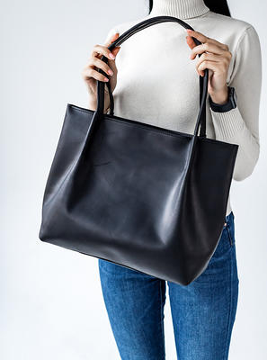 Black Oversize Leather Tote Bag, Big Purse, Shopping Shoulder