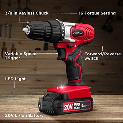 20V Cordless Power Drill Set, Drill Kit with 1 Lithium-Ion & Charger, 3/8 inch Keyless Chuck, Electric Drill w/ 2 Variable Speed & LED Light, 25+1