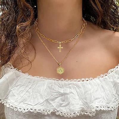 Choker necklace for women Layered Initial Necklaces for Women,Paperclip  Chain Necklace Simple Cute Hexagon Letter