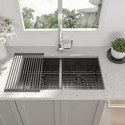 33 in. Undermount Double Bowl Gunmetal Black Stainless Steel Kitchen Sink with Rolling Drying Rack