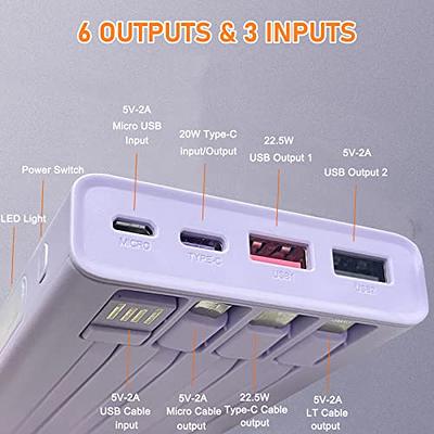  Portable Charger with Built in Cables, Portable Charger with  Cords Wires Slim 10000mAh Travel Battery Pack 6 Outputs 3 Inputs 3A Fast Charging  Power Bank for Samsung Google Pixel LG Moto