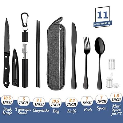 Travel Utensils Set with Case Reusable Portable Cutlery Set Stainless Steel  8pcs Including Dinner Knife Fork Spoon Chopsticks Straws(Silver)