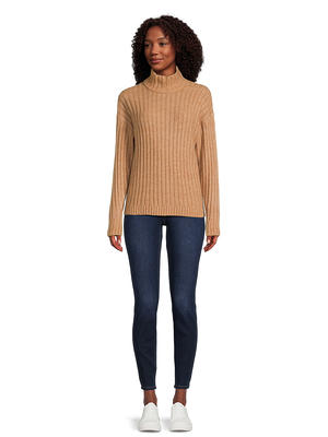 Time and Tru Women's Mock Neck Rib Knit Sweater, Midweight, Sizes