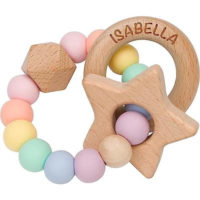 Personalized Baby Name Rattle Teether Gift Set  Customizable Silicone Chew  Bracelet w/Natural Organic Beech