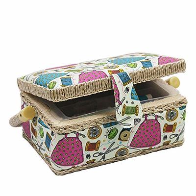 Small Sewing Basket with Supplies, Sewing Kit Storage Box for  Girls/Kids/Beginners (White, Sewing Accessories Pattern)