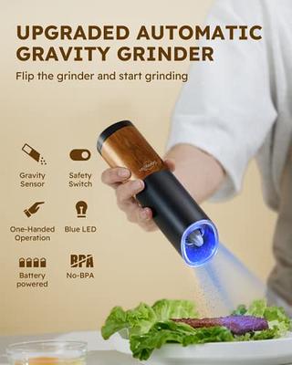 Gravity Electric Pepper and Salt Grinder Set, Salt and Pepper Mill &  Adjustable Coarseness, Battery Powered with LED Light, One Hand Automatic