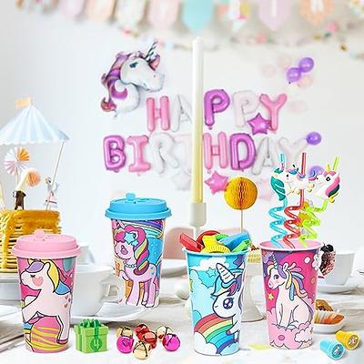 Fun Express Unicorn Plastic Cups with Lids & Straws - Party Supplies - 12 Pieces