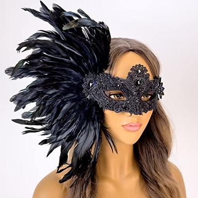 Elegant Mardi Gras Masquerade Mask for Women Halloween Costume Feather  Party Masks Feathers Venetian Mardi Gras Burlesque Mask Black