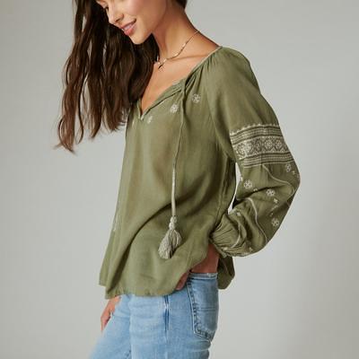 Lucky Brand Mixed Media Peasant Top - Women's Clothing Peasant Tops Shirts  in Dusty Olive, Size XL - Yahoo Shopping