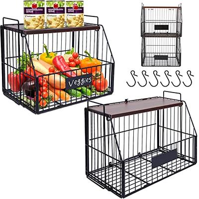 mDesign Metal Wire Stackable Food Storage Bin Basket - 2 Pack - Black/Natural