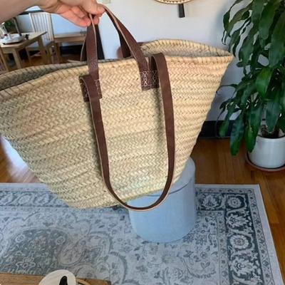 French Basket straw bag leather handles beach handbag Moroccan