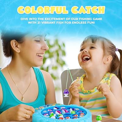 Pakoo Magnetic Fishing Game Toys, Rotating Board Game with Music Including 21 Fishes and 4 Fishing Poles, Party Game Toys for Kids