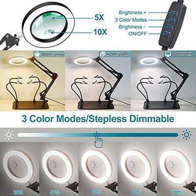 10X Magnifying Glass with Light and Stand, KIRKAS Upgraded Stepless Color  Modes & Brightness LED 2-in-1 Anti-Tipping Base and Clamp, Lighted Magnifier  Light for Reading,Repair, Hobby, Jewelry Desgin 