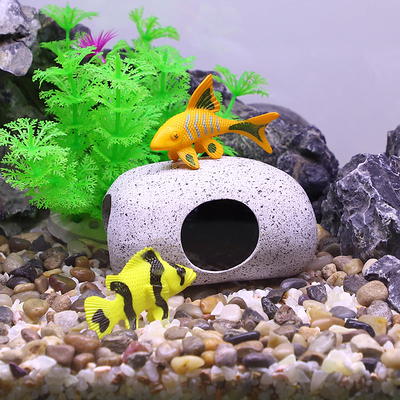 JIH Aquarium Fish Tank Plastic Plants and Cave Rock Decorations Decor Set 7  Pieces, Small and Large Artificial Fish Tank Plants with Cave Rock
