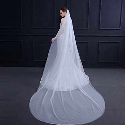 Ursumy Gorgeous Wedding Lace Veil Floral Long Cathedral Veils for Brides  Soft Tulle Bridal Veils with Comb 118 (Ivory)