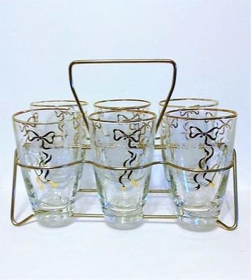 8 Vintage Libbey Drinking Glasses White Roses Gold Bow Gold Rim