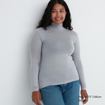 Women's Heattech Ultra Light Turtleneck Long-Sleeve T-Shirt with  Moisture-Wicking, Gray, XS