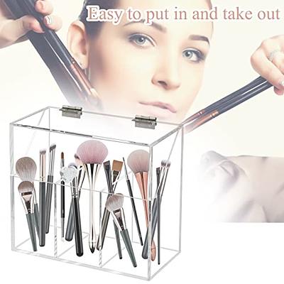 Acrylic Brush Holder,Dustproof Makeup Brush Organizer with Lid, Covered  Cosmetic Brush Holder with White Pearls,Clear -NEWCREA