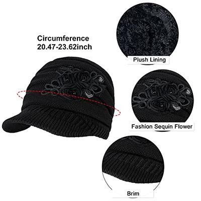 YSense Womens Hats Winter Beanie with Brim Warm Cable Knit Newsboy Cap  Visor with Sequined Flowerisor/ Flower,A-Black - Yahoo Shopping