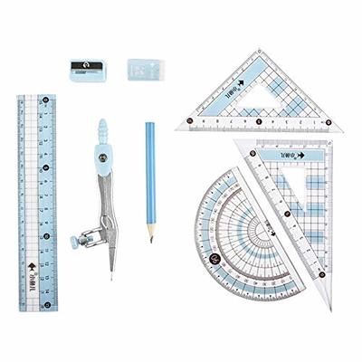 Precision, ruler, set square, compass and protractor measuring set