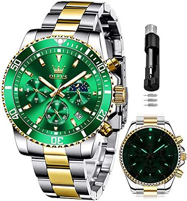 OLEVS Mens Watches Chronograph Luxury Dress Moon Phase Quartz Stainless  Steel Waterproof Luminous Business Calendar Wrist Watch Green Dial 