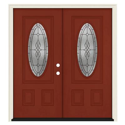 JELD-WEN Hampton 64-in x 80-in Fiberglass Oval Lite Left-Hand Inswing Black  Cherry Stained Prehung Double Front Door with Brickmould Insulating Core -  Yahoo Shopping