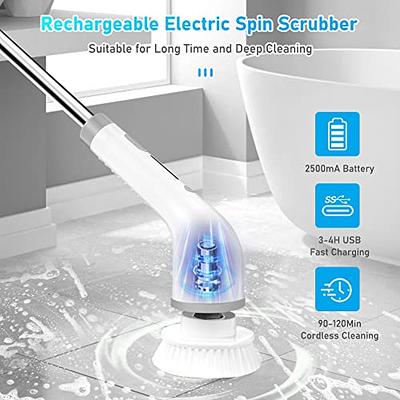 Electric Spin Scrubber, Cordless Shower Scrubber with 8 Replaceable Brush  Heads, 2 Adjustable Speeds and 3 Extension Handle, 90Mins Work Time Shower