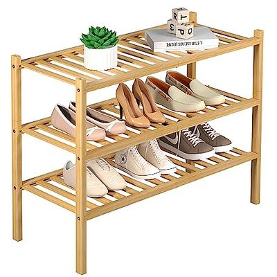 kiplant Black Long Shoe Rack, 3-Tier Bamboo Wood Shoe Rack for Entryway,  Stackable | Foldable | Natural, Shoe Organizer for Hallway Closet, Free