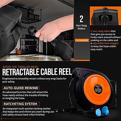 Commercial Extension Cord Reel Heavy Duty Retractable 12AWG x 40'  Feet Industrial Grade 3C/SJT Cable with Triple Tap Connector and Swivel