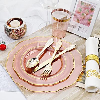 KIRE 210Pcs Clear Pink Plastic Plates with Gold Rim& Disposable