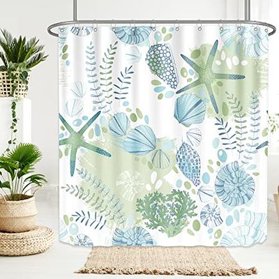 Nautical Beach No Hook Shower Curtain with Snap in Liner Set, Sea Turtle  Starfish Seashell Coral Coastal Shower Curtain with Liner, See Through Mesh