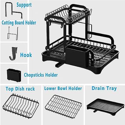 JASIWAY 19.2 in. Black Stainless Steel 2-Tier Dish Rack Freestanding Drying Rack Dish Drainers with Drainboard