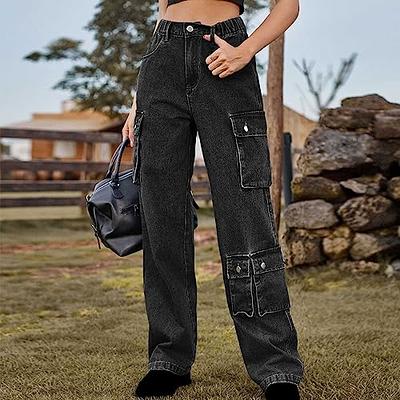Women's Elastic High Waist Side Pocket Cargo Pants Black