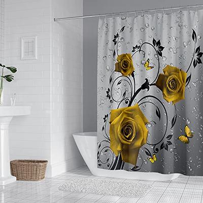 4 Pcs Bathroom Shower Curtain Set,Waterproof Red Rose Valentine's Day Shower Curtain Sets with Rugs(Bath Mat, Pedestal Rug and Toilet Lid Cover Mat)