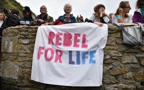 Thunberg's supporter's gathered at Devil's Point, Plymouth this afternoon - Credit: Ben Birchall/PA