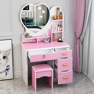 Makeup Vanity Table with Lighted Mirror, Vanity Desk Set with Shelves,  Dresser Desk and Cushioned Stool Set White