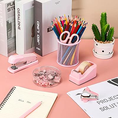 Pink Desk Organizers and Accessories, Pink Gifts Pink Office Supplies  Include Mesh Desk Organizer, Tape Dispenser, Stapler, 1000 Staples, Staple