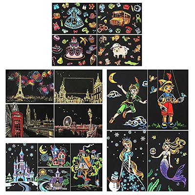 Scratch Art for Adults Kids, Rainbow Painting Night View Scratchboard(A4), Crafts Set: 8 Sheets Scratch Cards with 6 Tools in Bag - Fireworks, Big