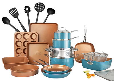 Moss & Stone Copper 5 Piece Set Chef Cookware, Non Stick Pan, Deep Square  Pan, Fry Basket, Steamer Tray, Dishwasher & Oven Safe, 5 Quart Copper Pot