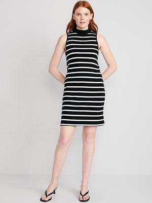 Sleeveless Mock-Neck Striped Rib-Knit Mini Shift Dress for Women