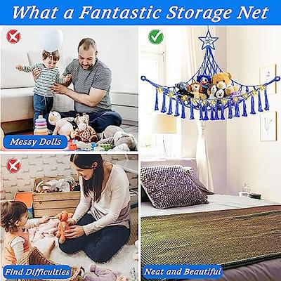 Stuffed Animal Hammock Macrame Boho Toy Hammock with LED String Light Hanging Stuffed Animal Organizer Wall Corner Toy Storage Holder Stuffed Animal