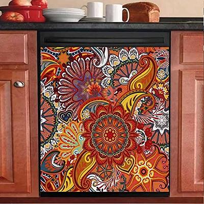  Dishwasher Magnetic Cover, Fall Sunflowers Flowers Khaki Plaid  Magnet Dishwasher Door Cover Refrigerator Decal Panel Kitchen Appliances  Decor Stickers, Easy Clean, 23Wx26H