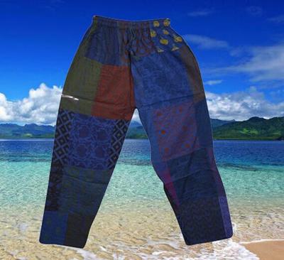 Unisex Boho Hippie Pants, Summer Cotton Blue Baggy Handmade, Soft