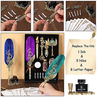 Aifeiter Feather Calligraphy Pen Set,Quill Pen and Ink Set,Feather Pen Ink  Set,Notebook Quill Pen and Ink Set,Wax Seal Stamp Set,Beautiful Gift