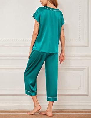 Ekouaer Satin Pajamas for Women Short Sleeve Silk Pjs Set Silky Sleepwear  Button Down Lounge Sets Dark Cyan - Yahoo Shopping