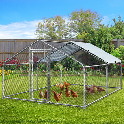 Large Metal Chicken Coop Walk-in Poultry Cage Chicken Run Duck House  Chicken Pen Spire Shaped Coop with Waterproof and Anti-Ultraviolet Cover  for Outdoor Backyard Farm Use(9.8' L x 6.6' W x 6.4